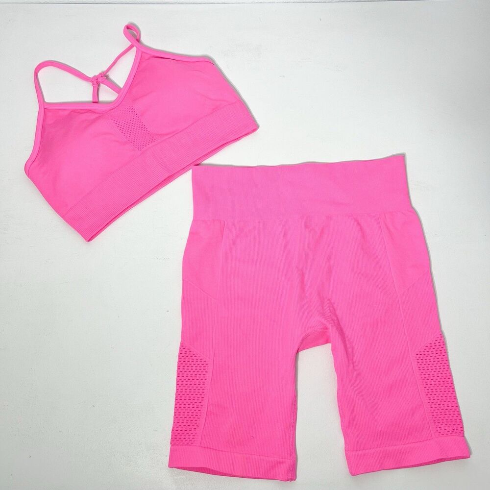 Yogalicious Top/Shorts M Pink 2 pc Ribbed Seamless LaLa Land Set Activewear